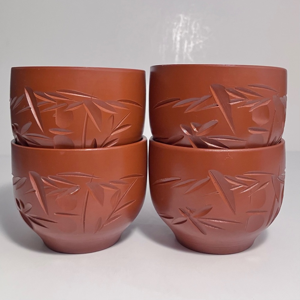 4 NAKAGAMA RED POTTERY CUPS / Hand-Incised Decoration / BEAUTIFUL CONDITION